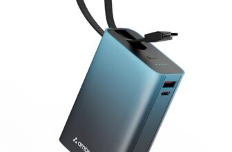 Ambrane 20000mAh Small Pocket Size Powerbank, Hanging InBuilt Type C Cable, 22.5W Fast Charging, Type C PD & USB Output for iPhone, Android Mobiles & Other Devices (MiniCharge 20, Black-Blue)